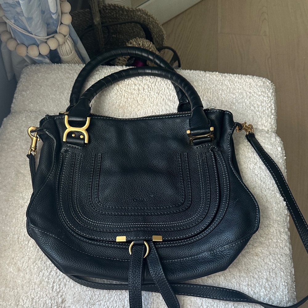 Chloe Black Leather Shoulder Bag with Gold Accents